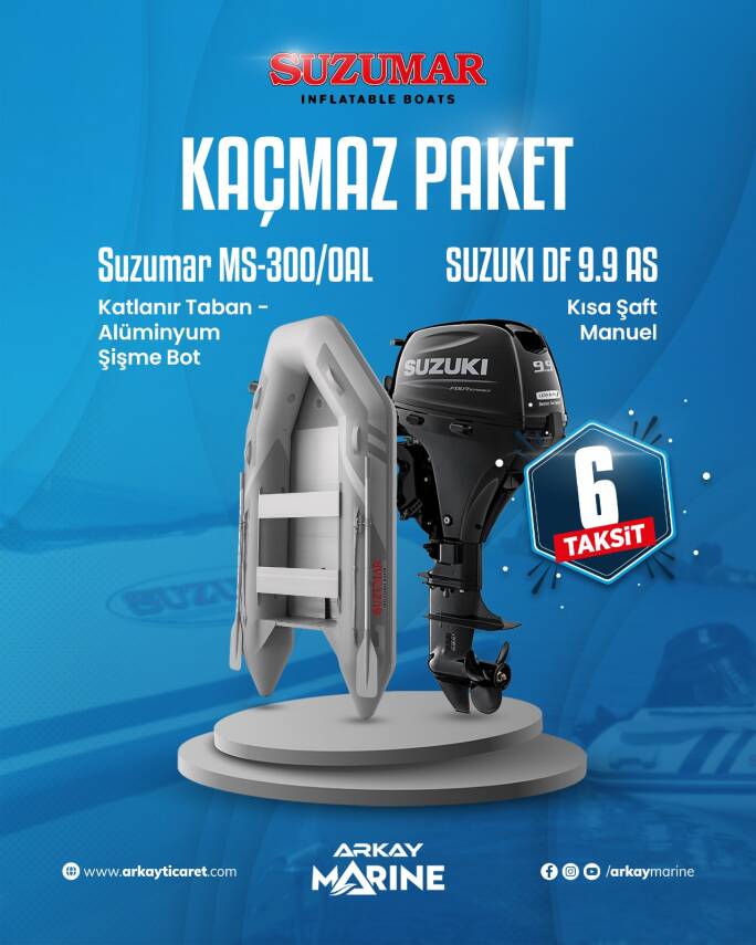 Suzumar MS-300/0AL Katlanır Taban Alüminyum Şişme Bot + Suzuki DF 9.9 AS Kısa Şaft Manuel - 1